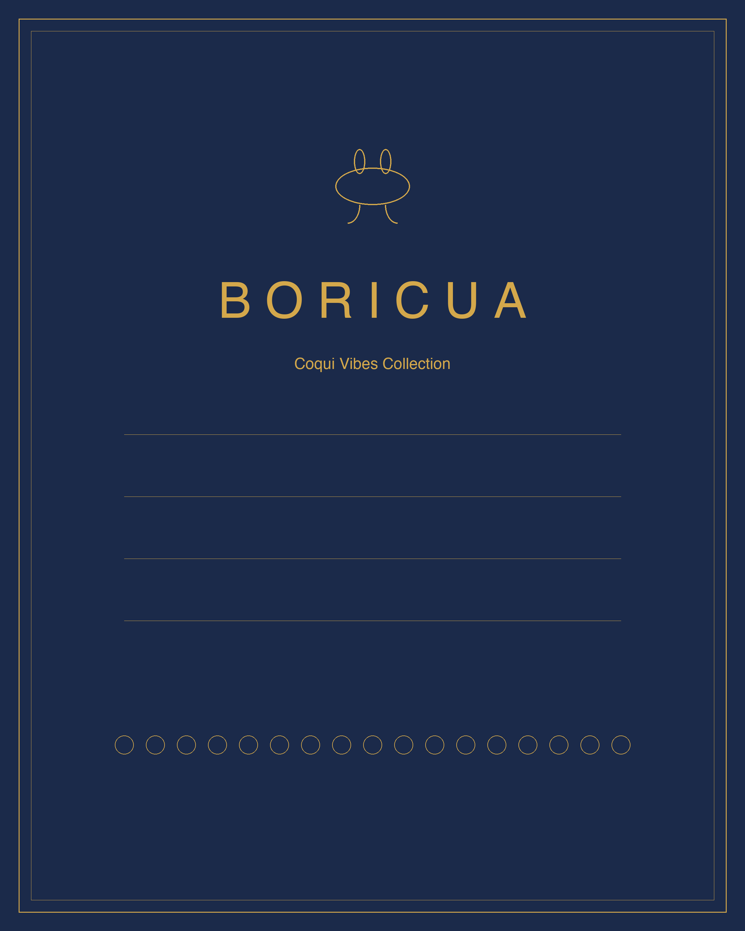 Boricua Vibes wall art print with coqui frog design, navy and gold Puerto Rican minimalist decor